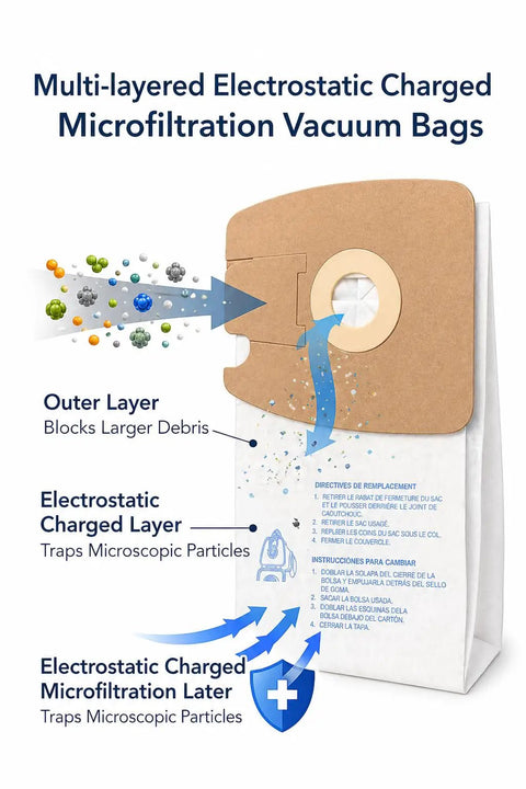 Diagram of Replacement Multi Layer Micro Filtration Vacuum Bags for Eureka Mighty Mite 3670 and 3680 with filtration layers
