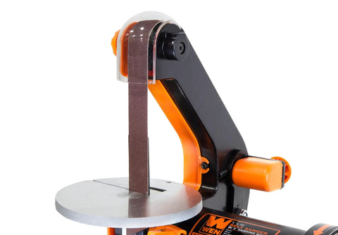 Two-In-One Benchtop Belt And Disc Sander with 1x30 inch belt, 5 inch disc, featuring dual dust ports and heavy duty base, close-up view