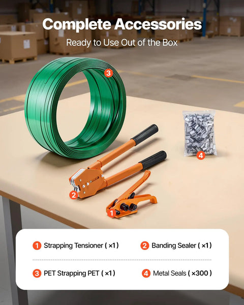 Beefy Heavy Duty Banding Strapping Kit With Manual Sealer, Extended Handle, 1000 Ft PET Band, 300 Metal Seals Five Eighth Inch Wide Strapping, Pallet Packaging Tool For Warehouse Shipping Moving And Home Use Orange with strap, sealer and seals
