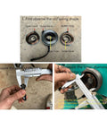 Measuring drill press return spring dimensions for replacement with calipers, showcasing drill press return spring replacement procedure.