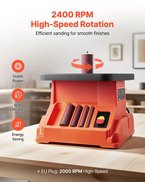 Heavy Hitter Benchtop Oscillating Spindle Sander With 2400 RPM Drive and Six Quick Change Sleeves for dang smooth wood finishing.  Close-up view of sander with interchangeable sleeves on a workbench.