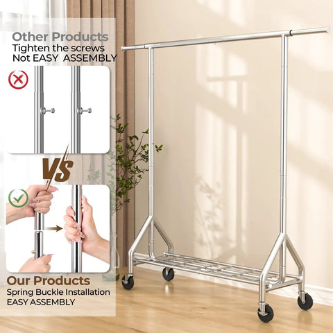 Built Like A Tank Heavy Duty Steel Rolling Clothes Rack Holds 450 Lbs showing easy spring buckle assembly features.
