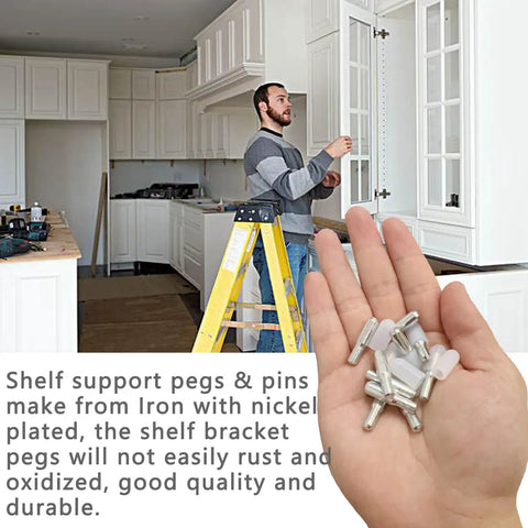 Heavy Duty Twenty Pack Stainless Steel Shelf Support Pegs With Silent Rubber Liners For 5 Mm And Quarter Inch Cutouts shown in hand.