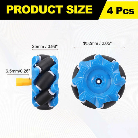 52mm Mecanum wheels for robotics, blue, 2.05 inch diameter, pair of omnidirectional wheels for smart robot cars and DIY models.