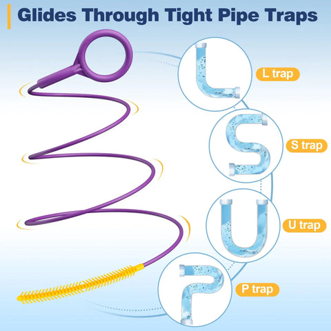Reusable 35 Inch Drain Snake 5 Pack With Thick Bristle Brush for cleaning L, S, U, and P pipe traps.