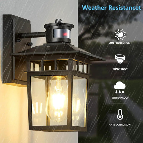Smart Motion Sensor Outdoor Wall Light for Porch and Garage white dusk to dawn exterior fixture shown on a wall during rain