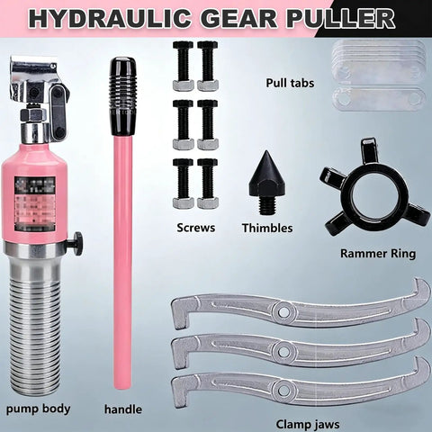 Badass 15 Ton Hydraulic Gear Puller And Three Jaw Bearing Extractor For Custom Shop Use with pump body, handle, clamp jaws, and accessories.