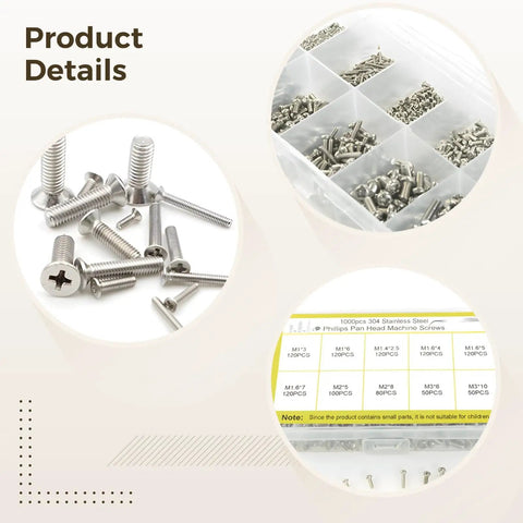 All In One Stainless Steel Phillips Pan Head Screws Kit In A Heavy Duty Storage Box With Pro Grade Hardware Fasteners And Machine Screws Assortment For Home Repairs And DIY Projects displayed with organized compartments and detailed labels.