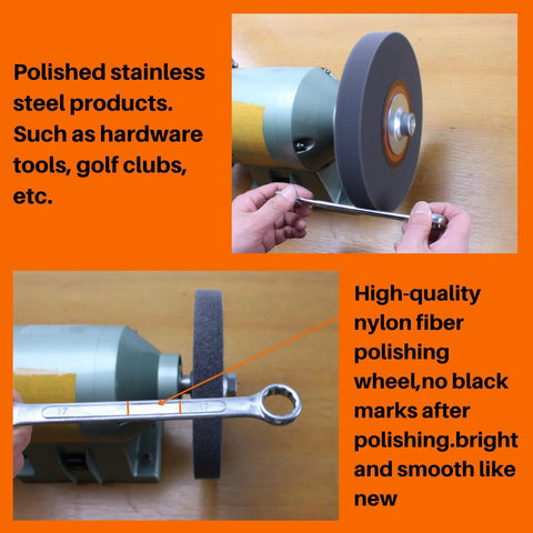 Nylon fiber deburring/buffing wheel, 6-inch, 1/2-inch arbor, 180 grit for bench grinder polishing.