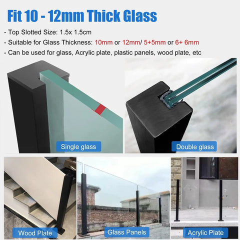 Top Shelf Black Glass Railing Posts With Wall Mounted Deck Panel Fencing And Multi Angle Adjustable Corner End Mid Posts For Rock Solid Balcony Guardrail Setup Along With Complete Infill Hardware Kit showcasing various glass and panel fittings.