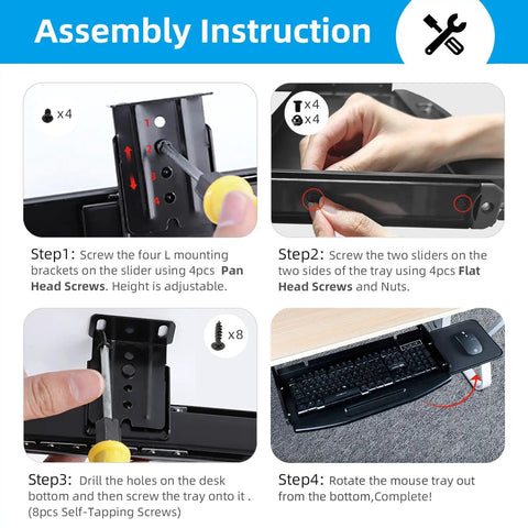 Assembly instructions for Heavy Duty Under Desk Keyboard Tray With Super Slick Glide Mechanism And 360 Rotating Mouse Platform Built Like A Tank.
