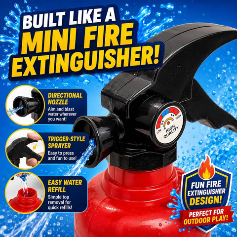 Close-up of a red fire extinguisher water squirter gun with trigger and nozzle, part of 12 Pack Fire Extinguisher Water Squirter Guns For Kids Premium Plastic Design.