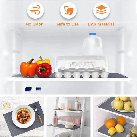 Gray Non Adhesive Shelf Liners For Kitchen Cabinets And Drawers Easy To Cut Bpa Free Eva Material Anti Slip Fridge And Countertop Protector No Messy Drama That Keeps Your Space Crisp on refrigerator shelf with eggs and peppers.