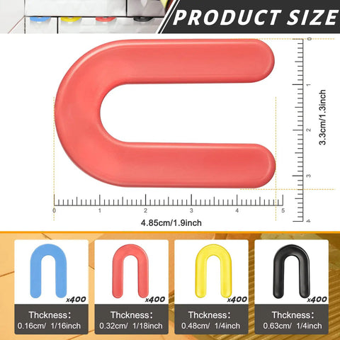 Massive 1600 Pack Plastic U Shaped Tile Spacers For Leveling Four Sizes In Black Yellow Red Blue One Sixteenth Inch One Eighth Inch Three Sixteenth Inch One Quarter Inch Great For DIY Tile Install displayed with size and thickness measurements
