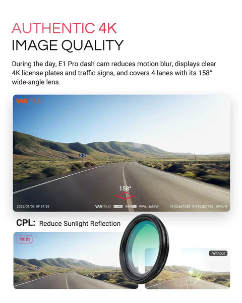 4K Mini Dash Cam With 158 Degree Wide Lens, Starvis HDR captures road with CPL filter for reduced sunlight reflection.