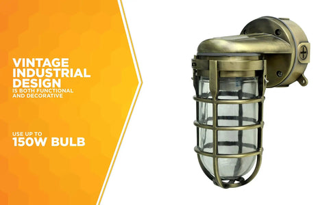 Industrial 100W Incandescent Wall Mount Light in Antique Brass with tempered glass and protective cage, side view