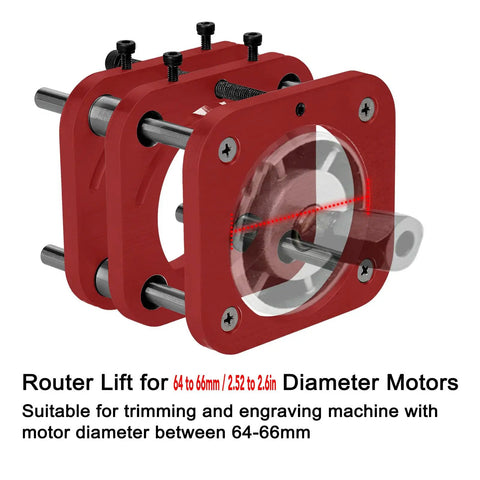 Heavy Duty Router Table Base Lifter Featuring A Smooth Hand Crank And Secure Four Jaw Grip For Hassle Free 51mm Stroke Adjustments On 64 To 66mm Motors In Any Garage Workshop Setup with detailed motor lift mechanism and design.