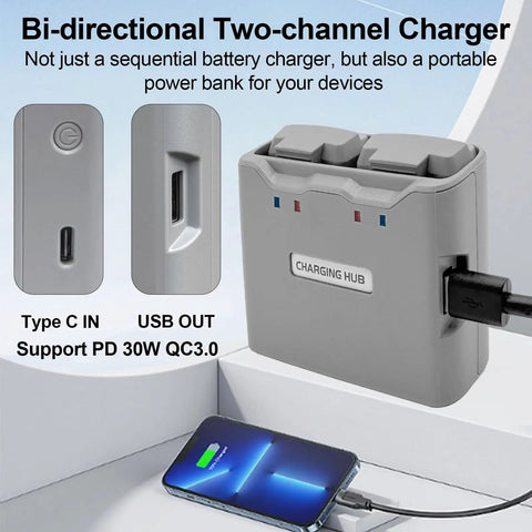 Two Pack Intelligent Flight Battery With Two Way Charging Hub for DJI Mini 4K Mini 2 Mini SE and Mini 2 SE, showing hub with USB connection.