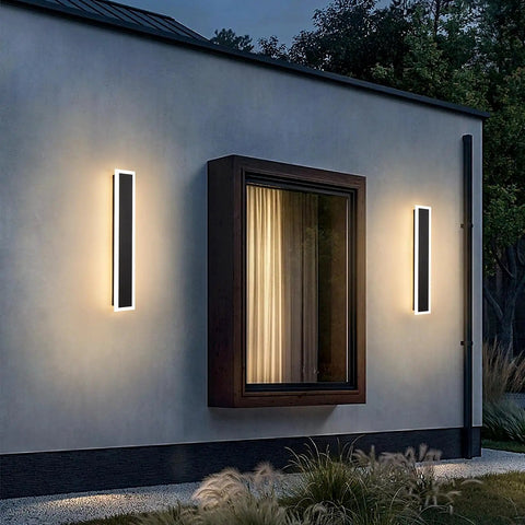 Dope Modern Outdoor Wall Light 23.6 Inch Sconce, 12W 3000K Warm Frosted White Acrylic Exterior Fixture on house wall at night