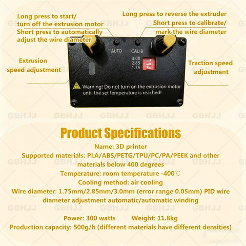 Control panel for Desktop 3D Filament Extruder Recycler With Auto Coil Winding and Integrated Filament Holder.