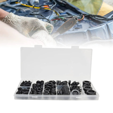 170-Piece Rubber Grommets Kit With Divided Organizer For Auto, Plumbing and PC Builds, flexible eyelets displayed.