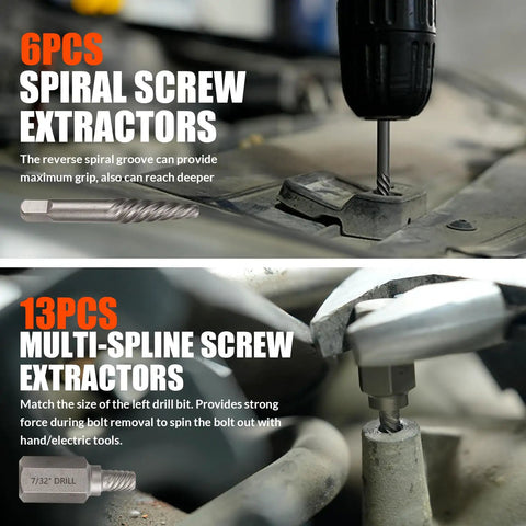 Image showing the 62 Piece Screw Extractor Set With Left Hand Drill Bits For Broken Nuts And Stripped Bolts Beast Heavy Duty Bolt And Nut Remover Kit, highlighting 6PCS spiral and 13PCS multi-spline screw extractors in use on machinery.
