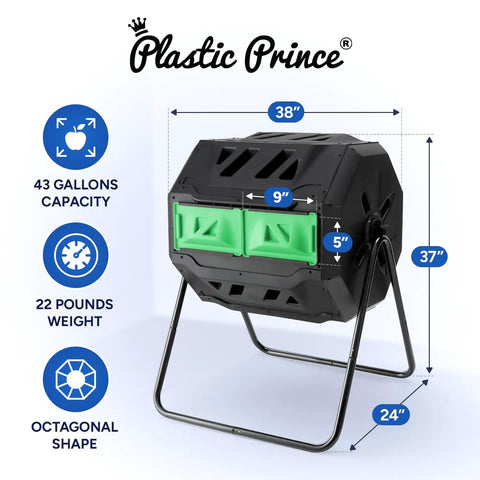Front view of Dual Chamber 43 Gallon Compost Tumbler Bin For Outdoor Gardens And Backyards No Fuss Easy Turn Barrel Mixer