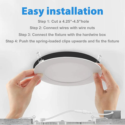 Hands installing 4 Inch LED Recessed Downlight Kit, 12 Pack, 5CCT Selectable Canless Ceiling Light with J Box, Ultra Thin Dimmable.
