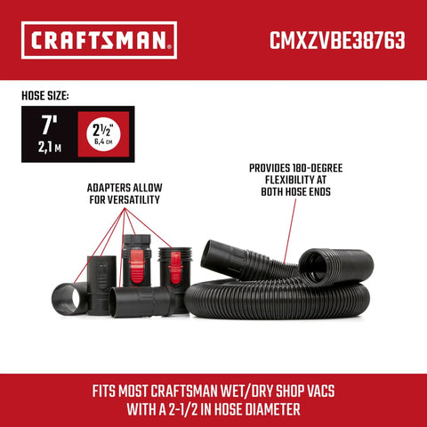 2-1/2 Inch Wet Dry Vacuum Hose Attachment Kit With POS-I-LOCK, Dual Flex 180 Degree Ends For Easy Maneuverability, displayed with adapters.