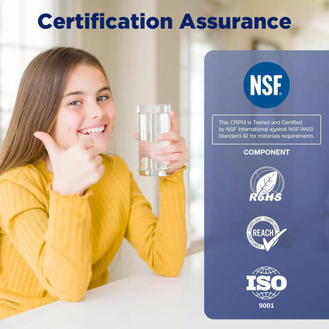 Young person smiling with thumbs up holding water glass, next to certification icons, promoting Go-To 20 Micron Pleated Polyester Sediment Water Filter Replacement Cartridge 10x2.5 Inch Universal Whole House Pre Filter Fits Most 10 Inch Housings Works With W50PE WFPFC3002 SPC-25-1050 FM-50-975 4 Pack.