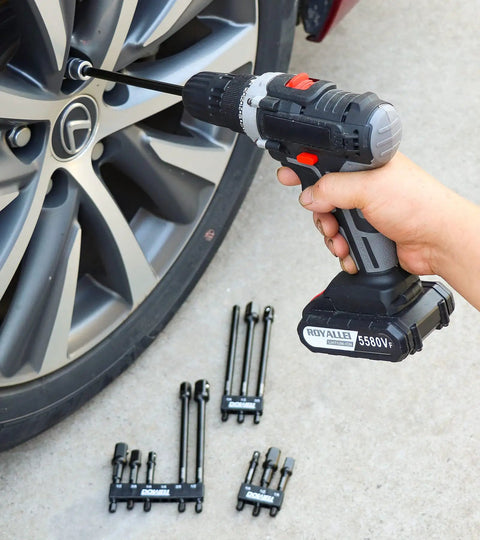 Using Beefy Impact Grade Socket Adapter Set With Holder on car wheel with power drill on driveway