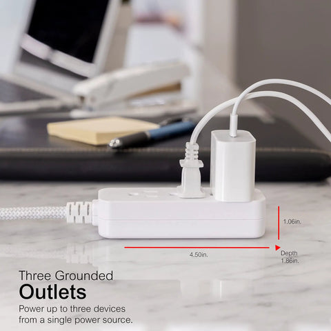 Three Outlet Power Strip With Eight Foot Braided Extension Cord Grounded Surge Protector Flat Plug ETL Listed in use on desk