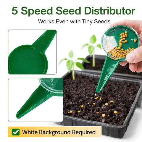 Green seed distributor from the Ultra Handy 12 Hole Digger Seed Spreader Kit With 7 Piece Seed Dispenser Set for small seeds.