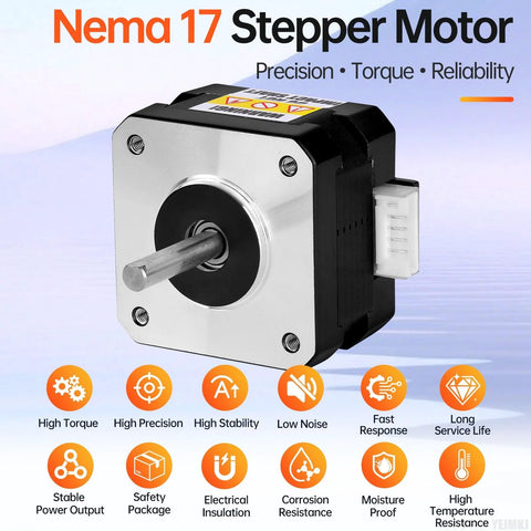High torque NEMA 17 stepper motor with shaft, ideal for precision, torque, reliability in 3D printers, CNC machines, and DIY robots.