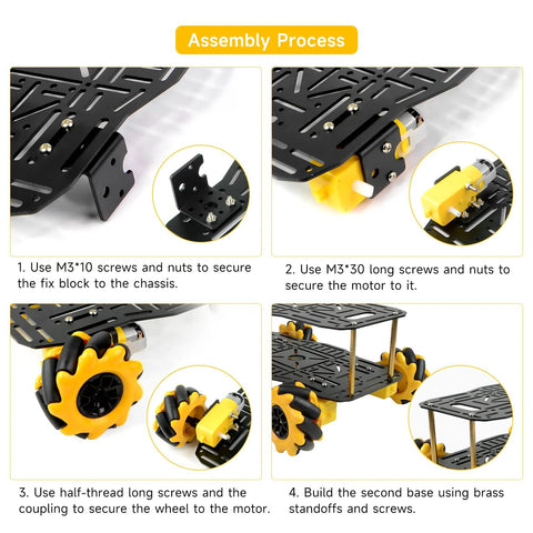 Assembly process for mecanum wheel robotics kit showcasing step-by-step chassis assembly with screws, nuts, and motors.