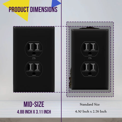 Comparison of mid-size and standard Reflective Acrylic Duplex Wall Plate With Mirrored Receptacle Plate For Oversized 1-Gang 5.50 By 3.50 Inches In Silver Finish Plexiglass Mirror Outlet Cover Heat And Impact Resistant.