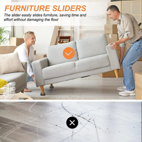 5 Inch Felt Furniture Sliders Square Movers 8 Pack Reusable FloorProtectors For Heavy Couches Tables And Cabinets Move Easy Slick Glide No Sweat Hardwood Carpet Rescue Black two people using furniture sliders to move a couch on a hardwood floor