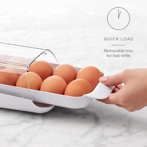 Hand pulling tray from rolling egg holder organizer for fridge, BPA-free stackable dispenser with see-through lid, holds 12-14 eggs.