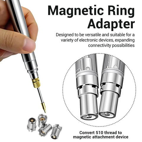 Four Pack 510 Thread Magnetic Adapter Kit for Soldering Irons, silver connectors, detailed view, and usage illustration