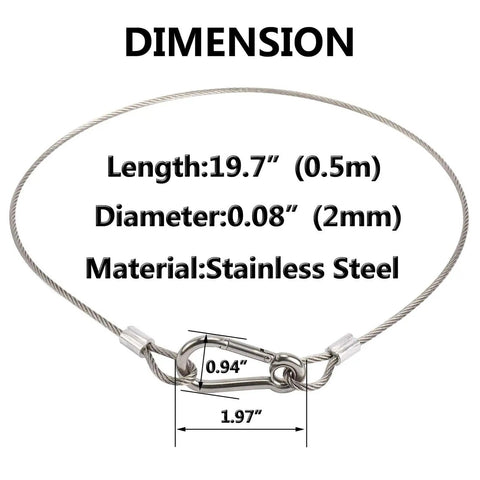 Heavy Duty Stainless Steel Safety Cable Lock With Loops And Carabiner, Flexible Wire Cable 19.7-inch length, 0.08-inch diameter