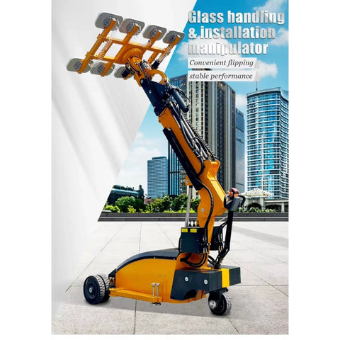 Heavy Duty Electric Glass Vacuum Lifter With Slick Suction Tech For Architectural Panels shows a yellow glass handling manipulator outdoors.