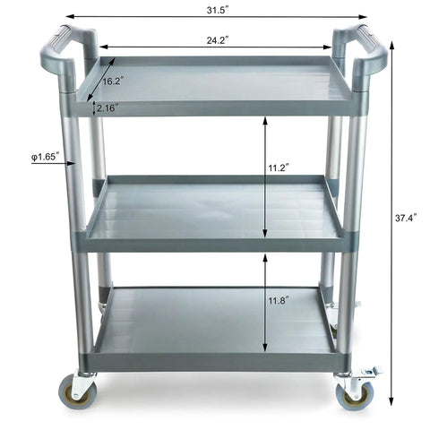 Top Notch Heavy Duty 3 Tier Plastic Utility Rolling Cart 31.5x24.2x37.4 inches gray with locking casters for busy kitchens.