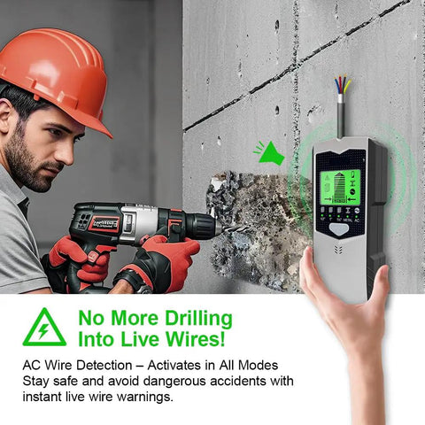 Heavy Duty Stud Finder Wall Scanner With 5 In 1 Smart Sensor used by a contractor detecting live wires in drywall.