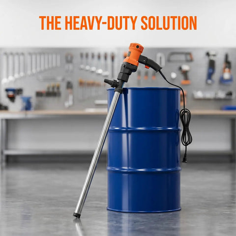Wsexyy 1600 Watt Electric Oil Transfer Pump With Stainless Steel Tube For Diesel And Hydraulic Fluids Variable Speed Control Up To 18000 Rpm, positioned on a blue drum.