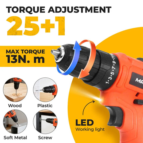 Slick Heavy Duty 152 Piece Tool Set With 12V Cordless Drill showing torque adjustment and LED light features.