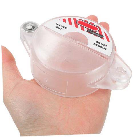 Heavy Duty Gate Valve Lockout Device For Water Spigot Security Features Transparent Window Snap Cover in hand, showcasing size.