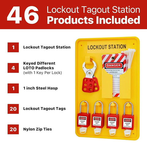 Heavy-Duty Lockout Tagout Station Kit With 4 Brass Cylinder Safety Padlocks, Hasp And OSHA Compliance Tags, All-In-One LOTO Board For Industrial Safety.