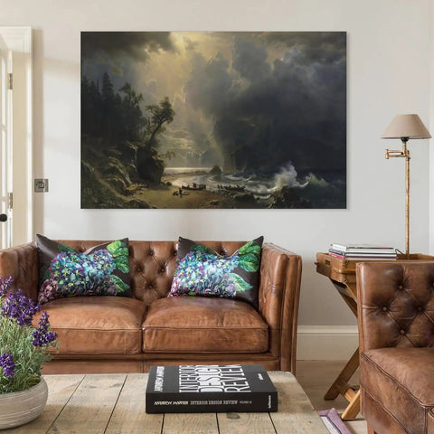 Dope Vintage Canvas Wall Art Featuring Puget Sound On The Pacific Coast By Albert Bierstadt Lit Landscape Print in living room.