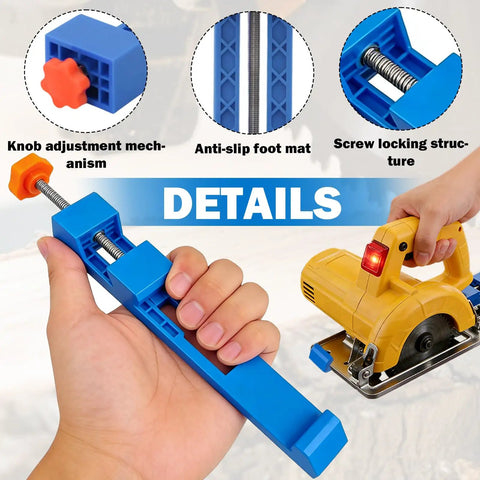 Pro-Grade Bidirectional Circular Saw Guide With Adjustable Base for Precise Wood Cutting, showing blue guide in hand and screw lock detail.