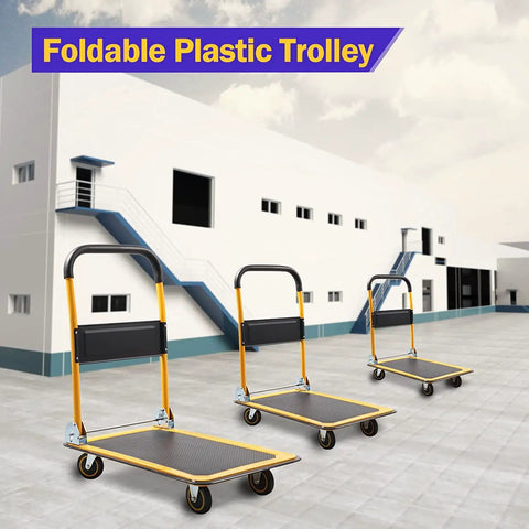 Built Tough 330 Lb Push Cart Dolly With Silent Mute Wheels Plus Compact Foldable Design, displaying multiple carts in outdoor setting.